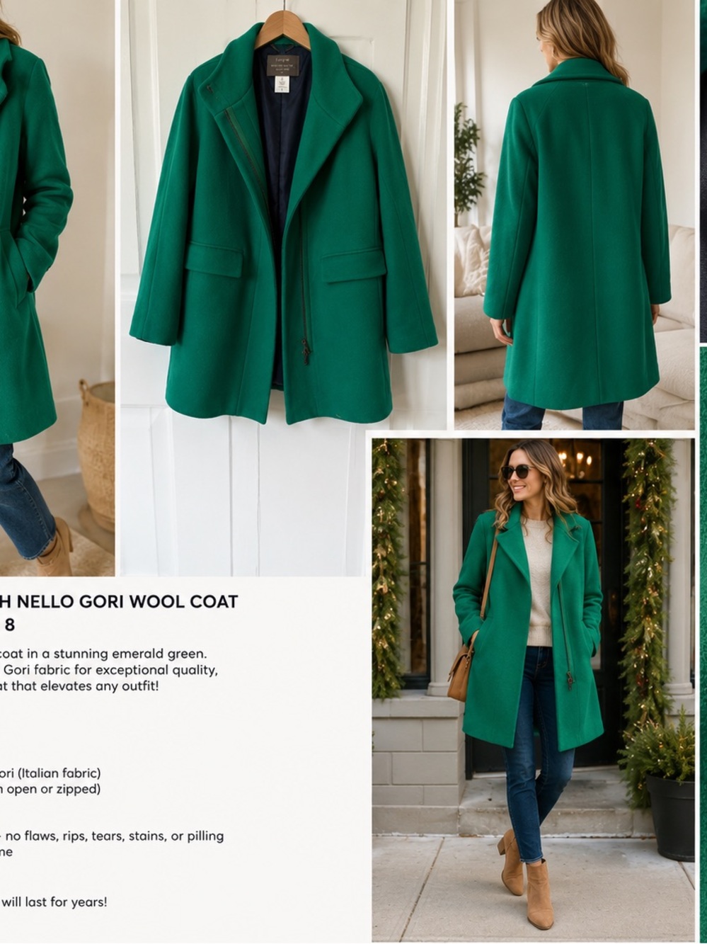 J.Crew Vintage Stadium Cloth Nello Gori Wool Coat Emerald Green Size 8